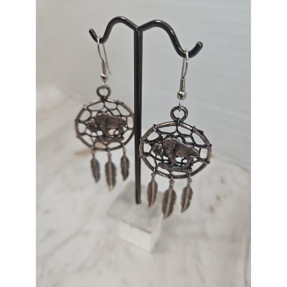 Ramzor, Inc CAST PEWTER VINTAGE FLYING EAGLE DREAM CATCHER 3" LONG EARRINGS